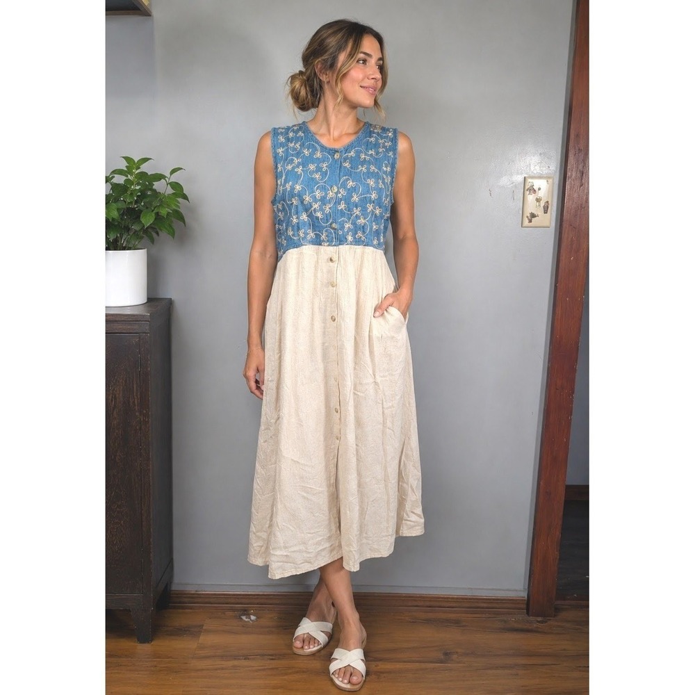 Vtg Embroidered Denim & Linen Maxi Dress Cottagecore Prairie Boho‎ Button Front